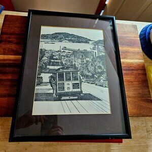 framed  etchings print of San Francisco cable car signed by artist Martin Tang